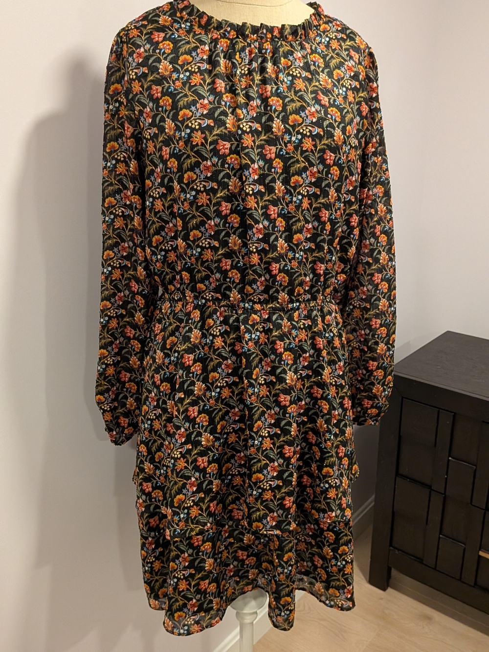 LOFT Black Floral Long-Sleeve Elastic Waist Dress